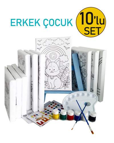 10'lu Erkek Çocuk Ressam Seti - 10 Ad. 20 x 30 cm Önçizimli Tuval, 2 Ad. Fırça, Palet, Boya & Şövale