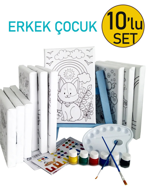 10'lu Erkek Çocuk Ressam Seti - 10 Ad. 20 x 30 cm Önçizimli Tuval, 2 Ad. Fırça, Palet, Boya & Şövale 10'lu Erkek Çocuk Ressam Seti - 10 Ad. 20 x 30 cm Önçizimli Tuval, 2 Ad. Fırça, Palet, Boya & Şövale