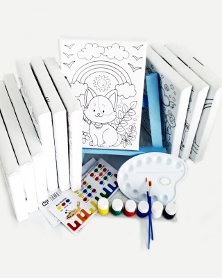 10'lu Erkek Çocuk Ressam Seti - 10 Ad. 20 x 30 cm Önçizimli Tuval, 2 Ad. Fırça, Palet, Boya & Şövale