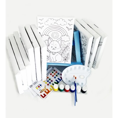 10'lu Erkek Çocuk Ressam Seti - 10 Ad. 20 x 30 cm Önçizimli Tuval, 2 Ad. Fırça, Palet, Boya & Şövale