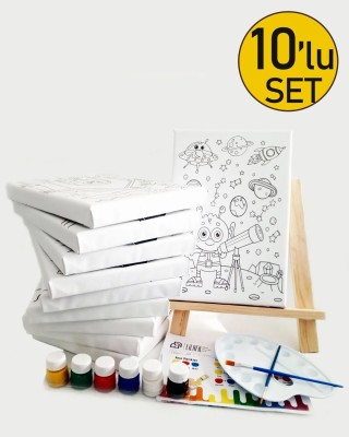10'lu Çocuk Ressam Seti - 10 Ad. 20 x 30 cm Önçizimli Tuval, 2 Ad. Fırça, Palet, Boya & Şövale