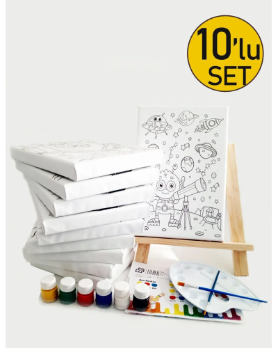 10'lu Çocuk Ressam Seti - 10 Ad. 20 x 30 cm Önçizimli Tuval, 2 Ad. Fırça, Palet, Boya & Şövale