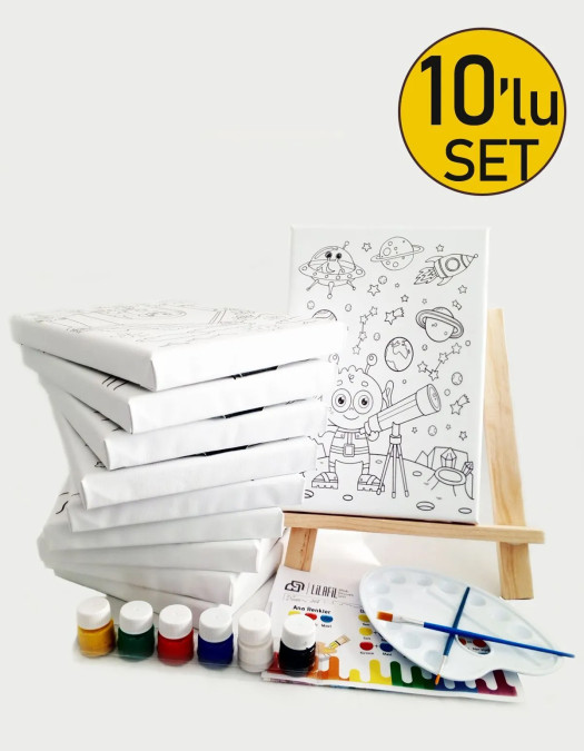 10'lu Çocuk Ressam Seti - 10 Ad. 20 x 30 cm Önçizimli Tuval, 2 Ad. Fırça, Palet, Boya & Şövale 10'lu Çocuk Ressam Seti - 10 Ad. 20 x 30 cm Önçizimli Tuval, 2 Ad. Fırça, Palet, Boya & Şövale