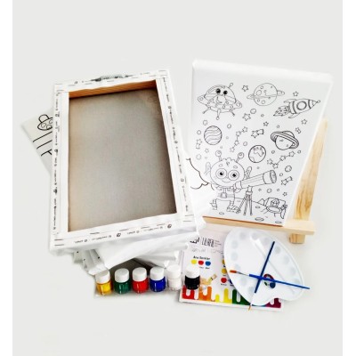 10'lu Çocuk Ressam Seti - 10 Ad. 20 x 30 cm Önçizimli Tuval, 2 Ad. Fırça, Palet, Boya & Şövale