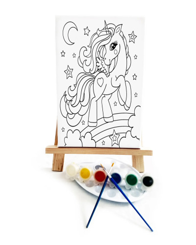 Unicorn Çocuk Ressam Seti - 20 x 30 cm Tuval, 2 Adet Fırça, Palet, Boyalar ve Şövale