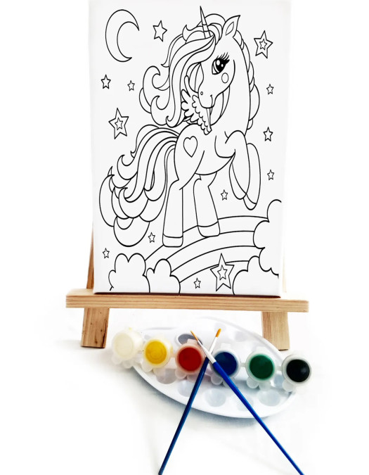 Unicorn Çocuk Ressam Seti - 20 x 30 cm Tuval, 2 Adet Fırça, Palet, Boyalar ve Şövale