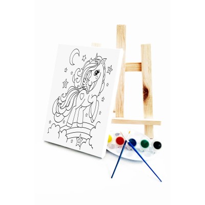 Unicorn Çocuk Ressam Seti - 20 x 30 cm Tuval, 2 Adet Fırça, Palet, Boyalar ve Şövale