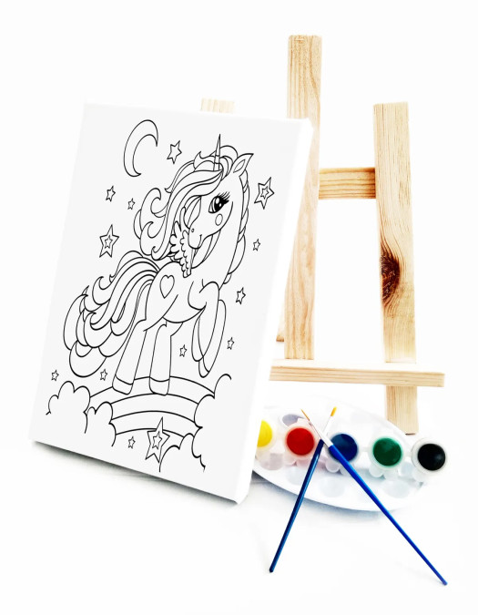 Unicorn Çocuk Ressam Seti - 20 x 30 cm Tuval, 2 Adet Fırça, Palet, Boyalar ve Şövale