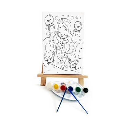 Neşeli Deniz Kızı Çocuk Ressam Seti - 20 x 30 cm Tuval, 2 Adet Fırça, Palet, Boyalar ve Şövale