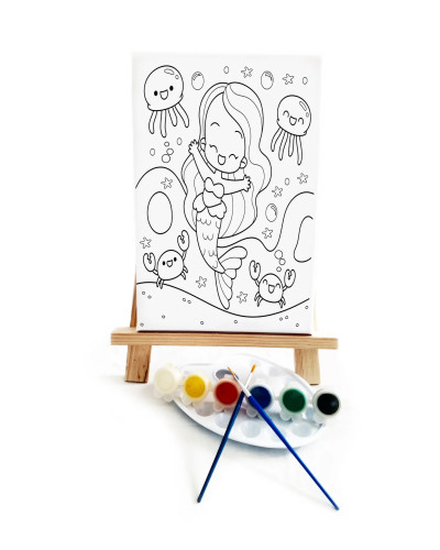 Neşeli Deniz Kızı Çocuk Ressam Seti - 20 x 30 cm Tuval, 2 Adet Fırça, Palet, Boyalar ve Şövale