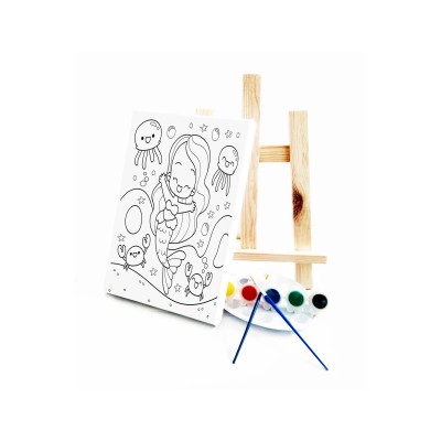 Neşeli Deniz Kızı Çocuk Ressam Seti - 20 x 30 cm Tuval, 2 Adet Fırça, Palet, Boyalar ve Şövale