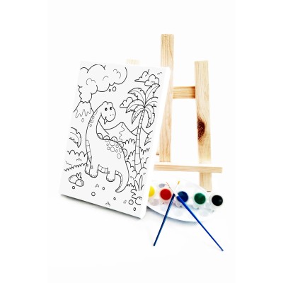 Sevimli Dinozor Çocuk Ressam Seti - 20 x 30 cm Tuval, 2 Adet Fırça, Palet, Boyalar ve Şövale