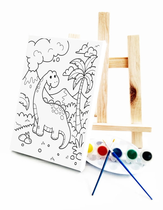 Sevimli Dinozor Çocuk Ressam Seti - 20 x 30 cm Tuval, 2 Adet Fırça, Palet, Boyalar ve Şövale Sevimli Dinozor Çocuk Ressam Seti - 20 x 30 cm Tuval, 2 Adet Fırça, Palet, Boyalar ve Şövale