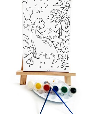 Sevimli Dinozor Çocuk Ressam Seti - 20 x 30 cm Tuval, 2 Adet Fırça, Palet, Boyalar ve Şövale