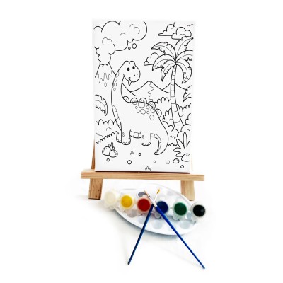 Sevimli Dinozor Çocuk Ressam Seti - 20 x 30 cm Tuval, 2 Adet Fırça, Palet, Boyalar ve Şövale