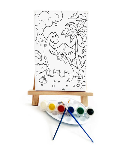 Sevimli Dinozor Çocuk Ressam Seti - 20 x 30 cm Tuval, 2 Adet Fırça, Palet, Boyalar ve Şövale