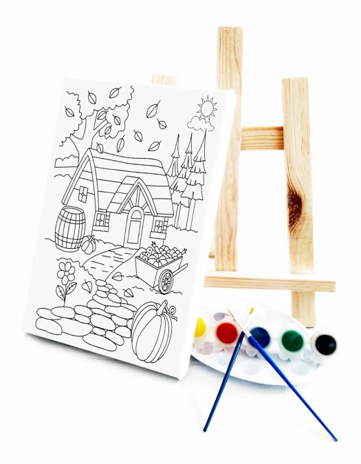 Köy Evi Çocuk Ressam Seti - 20 x 30 cm Tuval, 2 Adet Fırça, Palet, Boyalar ve Şövale Köy Evi Çocuk Ressam Seti - 20 x 30 cm Tuval, 2 Adet Fırça, Palet, Boyalar ve Şövale