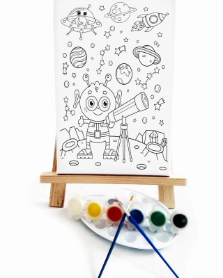 Sevimli Uzaylı Çocuk Ressam Seti - 20 x 30 cm Tuval, 2 Adet Fırça, Palet, Boyalar ve Şövale