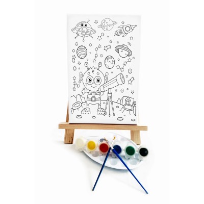 Sevimli Uzaylı Çocuk Ressam Seti - 20 x 30 cm Tuval, 2 Adet Fırça, Palet, Boyalar ve Şövale