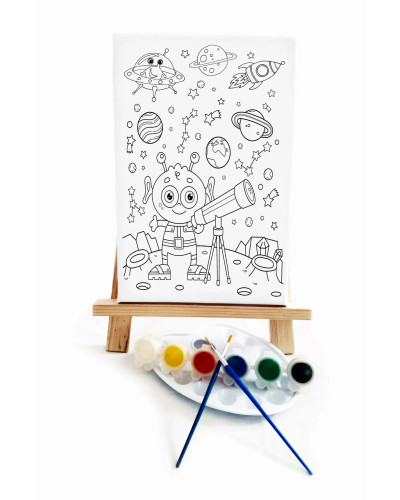 Sevimli Uzaylı Çocuk Ressam Seti - 20 x 30 cm Tuval, 2 Adet Fırça, Palet, Boyalar ve Şövale