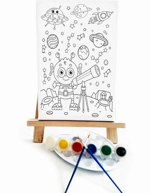 Sevimli Uzaylı Çocuk Ressam Seti - 20 x 30 cm Tuval, 2 Adet Fırça, Palet, Boyalar ve Şövale Sevimli Uzaylı Çocuk Ressam Seti - 20 x 30 cm Tuval, 2 Adet Fırça, Palet, Boyalar ve Şövale