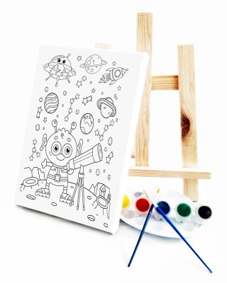 Sevimli Uzaylı Çocuk Ressam Seti - 20 x 30 cm Tuval, 2 Adet Fırça, Palet, Boyalar ve Şövale