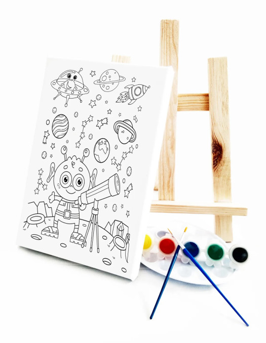 Sevimli Uzaylı Çocuk Ressam Seti - 20 x 30 cm Tuval, 2 Adet Fırça, Palet, Boyalar ve Şövale Sevimli Uzaylı Çocuk Ressam Seti - 20 x 30 cm Tuval, 2 Adet Fırça, Palet, Boyalar ve Şövale