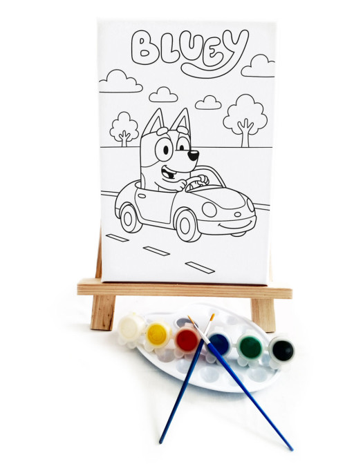 Bluey Arabada Ressam Seti - 20 x 30 cm Önçizimli Tuval, 2 Adet Fırça, Palet, Boyalar ve Şövale Bluey Arabada Ressam Seti - 20 x 30 cm Önçizimli Tuval, 2 Adet Fırça, Palet, Boyalar ve Şövale