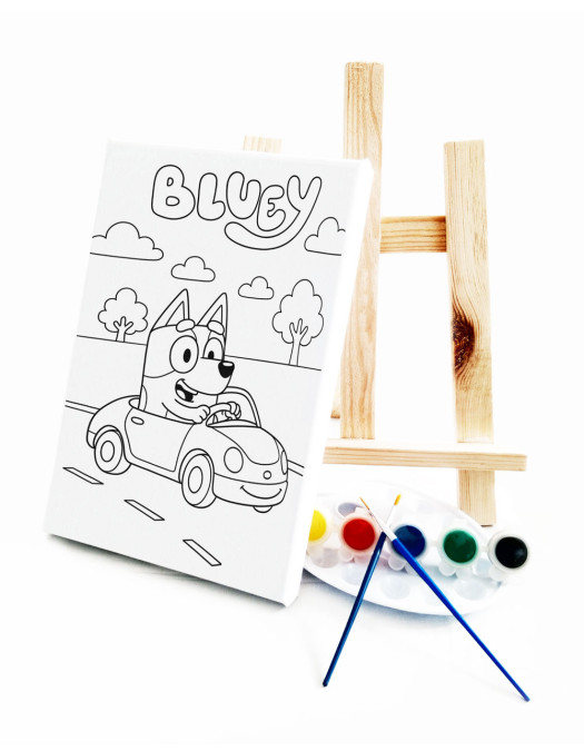 Bluey Arabada Ressam Seti - 20 x 30 cm Önçizimli Tuval, 2 Adet Fırça, Palet, Boyalar ve Şövale Bluey Arabada Ressam Seti - 20 x 30 cm Önçizimli Tuval, 2 Adet Fırça, Palet, Boyalar ve Şövale