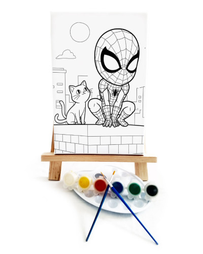 Spidey Ressam Seti - 20 x 30 cm Önçizimli Tuval, 2 Adet Fırça, Palet, Boyalar ve Şövale