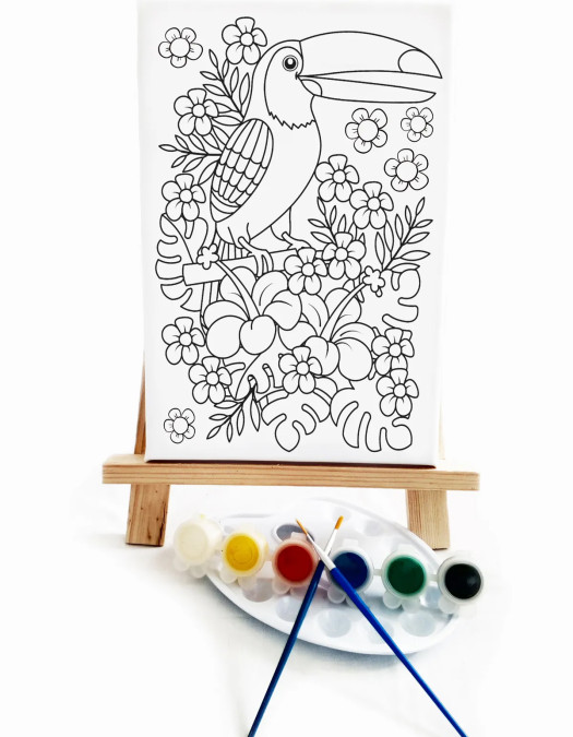 Papağan Çocuk Ressam Seti - 20 x 30 cm Tuval, 2 Adet Fırça, Palet, Boyalar ve Şövale