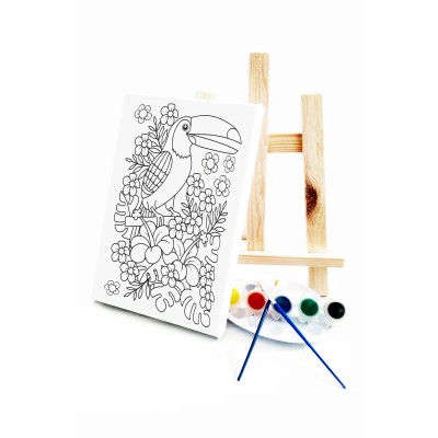 Papağan Çocuk Ressam Seti - 20 x 30 cm Tuval, 2 Adet Fırça, Palet, Boyalar ve Şövale