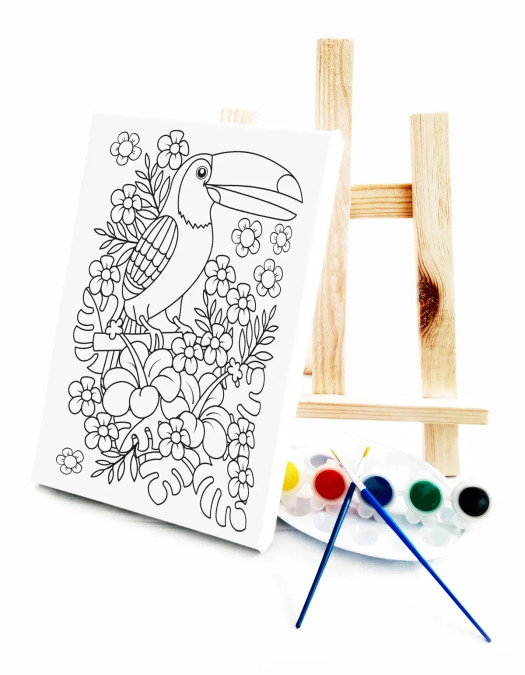 Papağan Çocuk Ressam Seti - 20 x 30 cm Tuval, 2 Adet Fırça, Palet, Boyalar ve Şövale