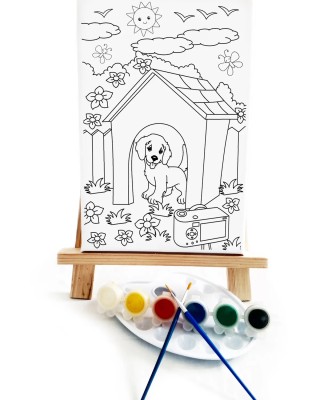Köpek Kulübesi Çocuk Ressam Seti - 20 x 30 cm Tuval, 2 Adet Fırça, Palet, Boyalar ve Şövale
