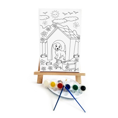 Köpek Kulübesi Çocuk Ressam Seti - 20 x 30 cm Tuval, 2 Adet Fırça, Palet, Boyalar ve Şövale