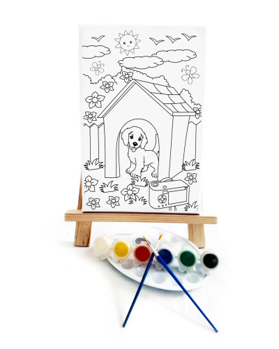 Köpek Kulübesi Çocuk Ressam Seti - 20 x 30 cm Tuval, 2 Adet Fırça, Palet, Boyalar ve Şövale