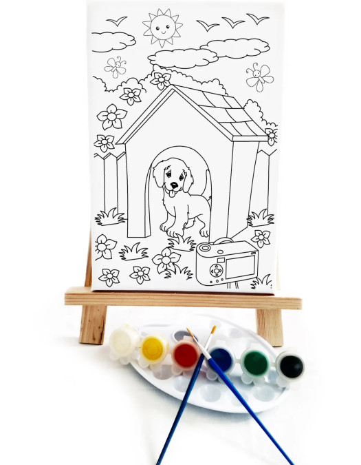 Köpek Kulübesi Çocuk Ressam Seti - 20 x 30 cm Tuval, 2 Adet Fırça, Palet, Boyalar ve Şövale Köpek Kulübesi Çocuk Ressam Seti - 20 x 30 cm Tuval, 2 Adet Fırça, Palet, Boyalar ve Şövale