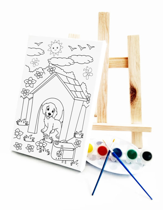 Köpek Kulübesi Çocuk Ressam Seti - 20 x 30 cm Tuval, 2 Adet Fırça, Palet, Boyalar ve Şövale Köpek Kulübesi Çocuk Ressam Seti - 20 x 30 cm Tuval, 2 Adet Fırça, Palet, Boyalar ve Şövale