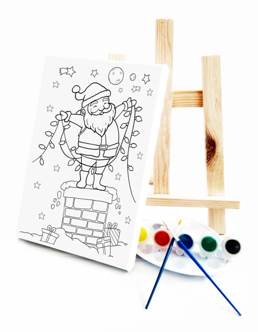 Noel Baba Çocuk Ressam Seti - 20 x 30 cm Tuval, 2 Adet Fırça, Palet, Boyalar ve Şövale