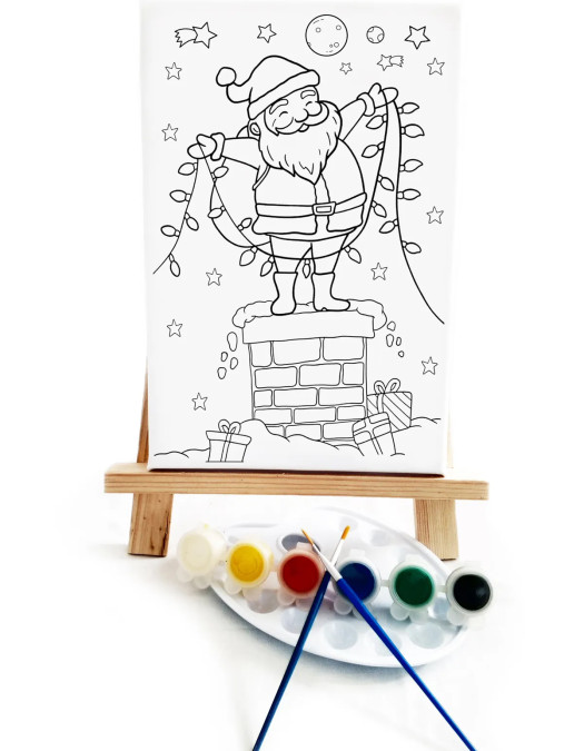 Noel Baba Çocuk Ressam Seti - 20 x 30 cm Tuval, 2 Adet Fırça, Palet, Boyalar ve Şövale