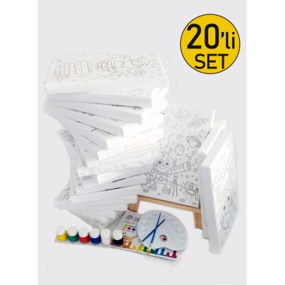 20'li Çocuk Ressam Seti - 20 Adet 20 x 30 cm Önçizimli Tuval, 2 Ad. Fırça, Palet, Boya & Şövale