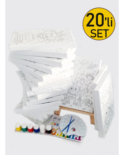 20'li Çocuk Ressam Seti - 20 Adet 20 x 30 cm Önçizimli Tuval, 2 Ad. Fırça, Palet, Boya & Şövale
