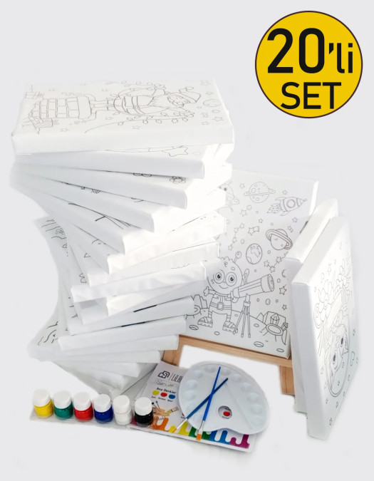 20'li Çocuk Ressam Seti - 20 Adet 20 x 30 cm Önçizimli Tuval, 2 Ad. Fırça, Palet, Boya & Şövale 20'li Çocuk Ressam Seti - 20 Adet 20 x 30 cm Önçizimli Tuval, 2 Ad. Fırça, Palet, Boya & Şövale