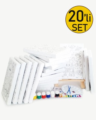 20'li Çocuk Ressam Seti - 20 Adet 20 x 30 cm Önçizimli Tuval, 2 Ad. Fırça, Palet, Boya & Şövale