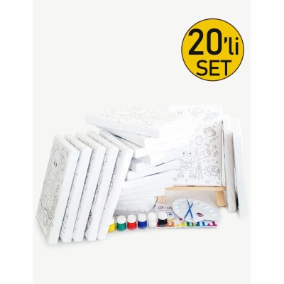 20'li Çocuk Ressam Seti - 20 Adet 20 x 30 cm Önçizimli Tuval, 2 Ad. Fırça, Palet, Boya & Şövale