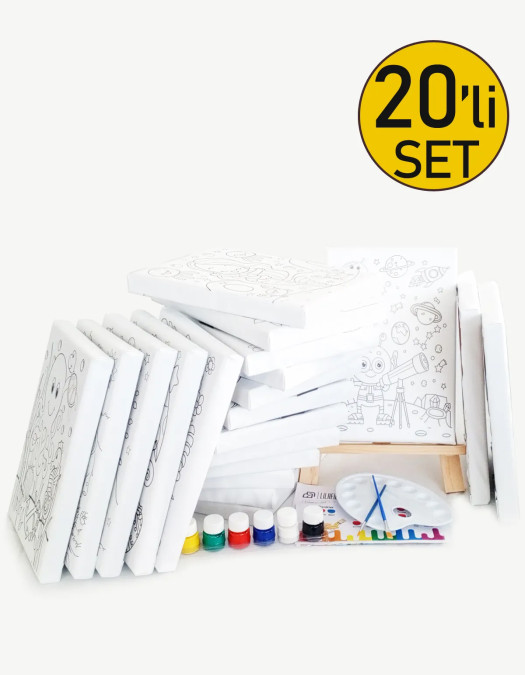 20'li Çocuk Ressam Seti - 20 Adet 20 x 30 cm Önçizimli Tuval, 2 Ad. Fırça, Palet, Boya & Şövale 20'li Çocuk Ressam Seti - 20 Adet 20 x 30 cm Önçizimli Tuval, 2 Ad. Fırça, Palet, Boya & Şövale