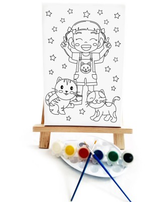 Kedili Kız Çocuk Ressam Seti - 20 x 30 cm Tuval, 2 Adet Fırça, Palet, Boyalar ve Şövale