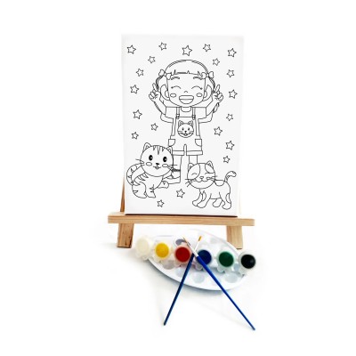 Kedili Kız Çocuk Ressam Seti - 20 x 30 cm Tuval, 2 Adet Fırça, Palet, Boyalar ve Şövale