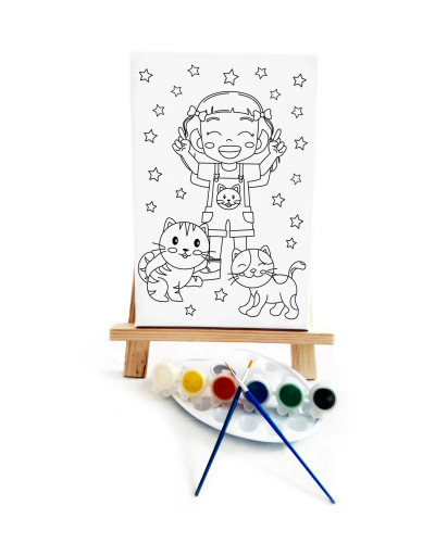 Kedili Kız Çocuk Ressam Seti - 20 x 30 cm Tuval, 2 Adet Fırça, Palet, Boyalar ve Şövale