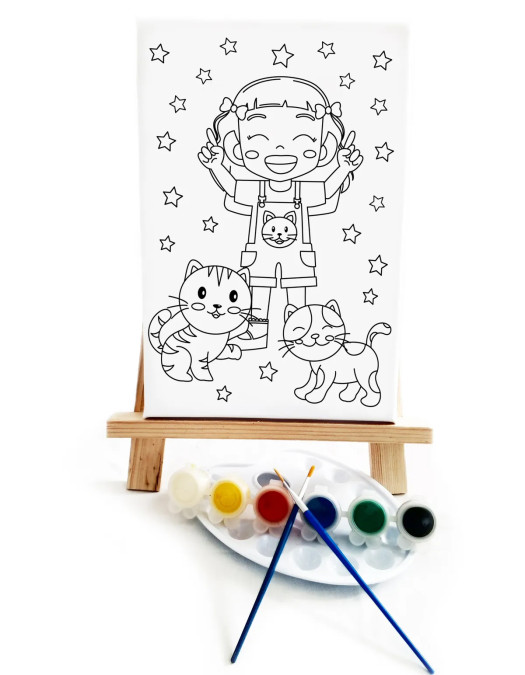 Kedili Kız Çocuk Ressam Seti - 20 x 30 cm Tuval, 2 Adet Fırça, Palet, Boyalar ve Şövale Kedili Kız Çocuk Ressam Seti - 20 x 30 cm Tuval, 2 Adet Fırça, Palet, Boyalar ve Şövale